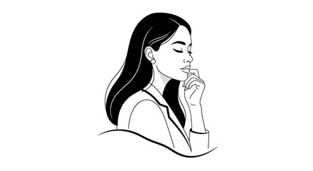 Contemplative woman with closed eyes and hand near lips thinking deeply.