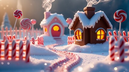 Christmas candy house in the snow. Whimsical claymation candyland scene.