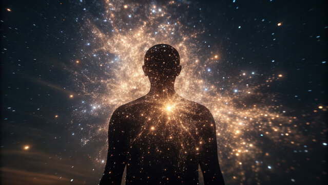 Star alignment. Silhouette of person with glowing cosmic explosion in background, evoking wonder and mystery