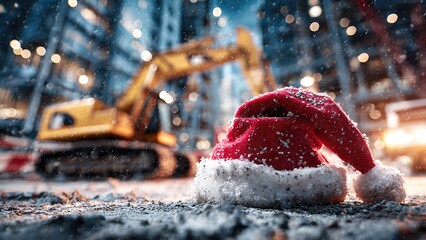 A red Christmas Santa hat lying on snowy ground at an active construction site during a colorful winter sunset