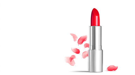 Vibrant Red Lipstick with Petal Accents. A vivid red lipstick with a sleek silver metallic casing stands prominently against a white background.
