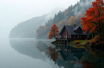 A serene lakeside scene features a wooden cabin nestled among vibrant autumn trees. The calm lake reflects the house and burning red foliage. 