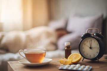 Morning recovery scene at home. Concept of flu recovery, morning routine, and self-care
