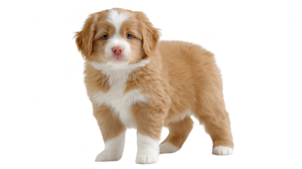 Cute fluffy brown and white puppy with blue eyes standing on transparency background, looking curious and playful, soft fur, young dog, adorable pet, isolated, full body