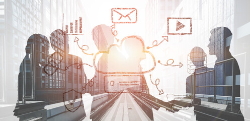 A hand drawn doodle of a cloud computing services ecosystem. A creative sketch of a network for data storage, sharing, and online applications. Motif