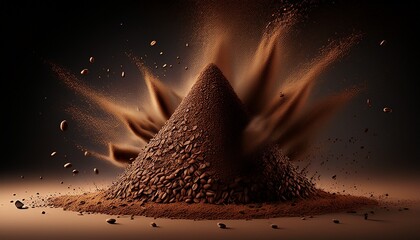 coffee powder erupting a conical pile of dark brown granules explodes outward