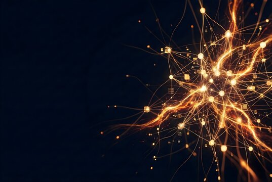 Abstract artificial neural network background with glowing golden and orange data connections