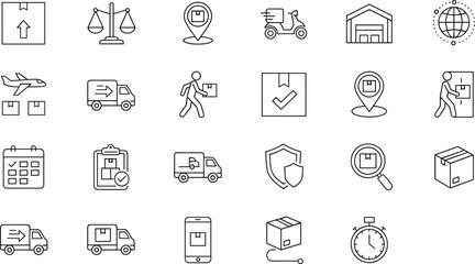 Logistics, Shipping, Delivery, and Transportation Vector Icons Set Showing Global Cargo, Warehouse Management, Courier Service, and Time-Sensitive Shipment.