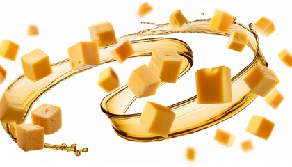 cheese cubes levitate in a spiral isolated on white