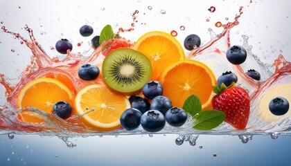 fresh fruit slices and blueberries in vibrant splashes of juice