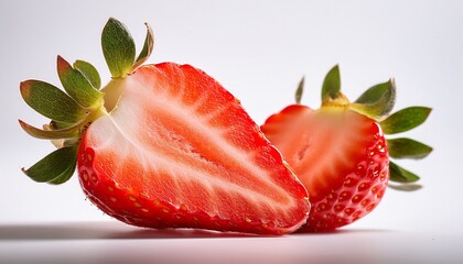 close up of a sliced strawberry bright red juicy fruit section against white background visible seeds and flesh fresh vibrant and appetizing
