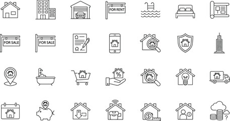 Real Estate, Property Management, Housing, and Rent Vector Icons Set Showing House Sale, Buying, Renting, Mortgage, and Home Inspection Symbols.