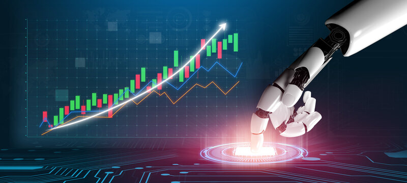 This image showcases a futuristic robotic hand engaging with a digital financial graph, symbolizing the intersection of technology, innovation, and finance in the modern world. Impute