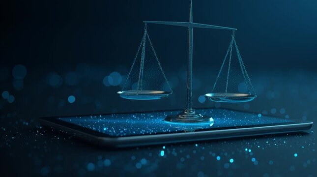Scales of justice resting on a digital tablet with a dark blue bokeh background