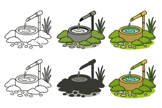 Tsukubai Garden Serenity. Garden setting with tsukubai surrounded by moss and pebbles, simplified natural arrangement evoking