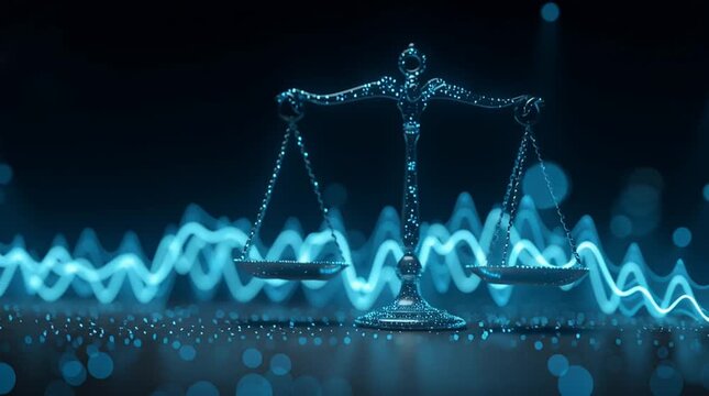 Illuminated scales of justice with blue light waves on a dark background image