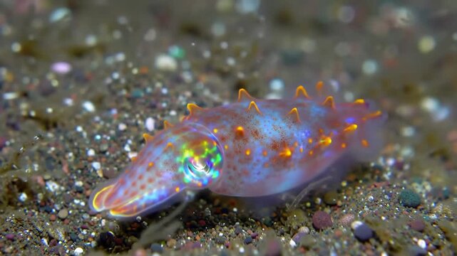 Cuttlefish resting on a sandy seabed. Bubbles of light in background