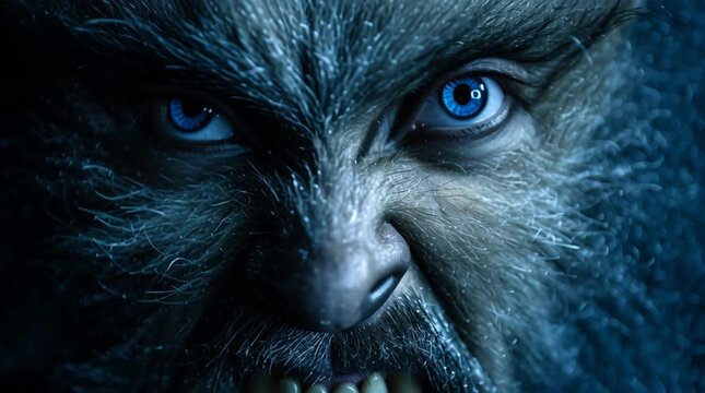 Close up of a monstrous face with sharp teeth and piercing blue eyes in the dark