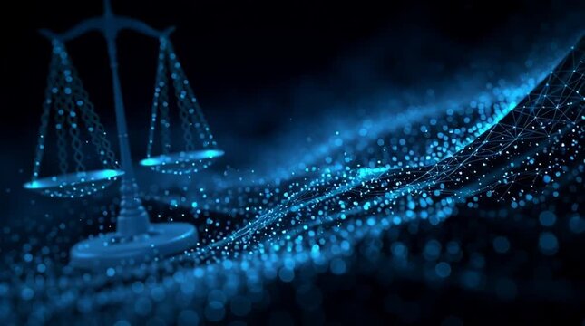 A digital representation of the scales of justice with a blue abstract background