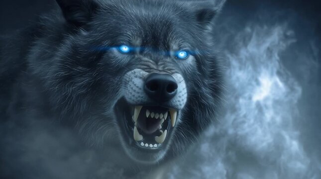Close up of a snarling wolf with glowing blue eyes emerging from a smoky background
