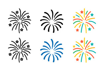 Colorful Fireworks Evolution. Colorful fireworks bursting in night sky first in line style with thin outline, second in solid
