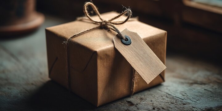 Minimalist Brown Paper Package with Blank Tag and Twine Bow on Rustic Wooden Surface, Featuring Soft, Moody Lighting and Shallow Depth of Field, ideal for gifting or mail concepts.