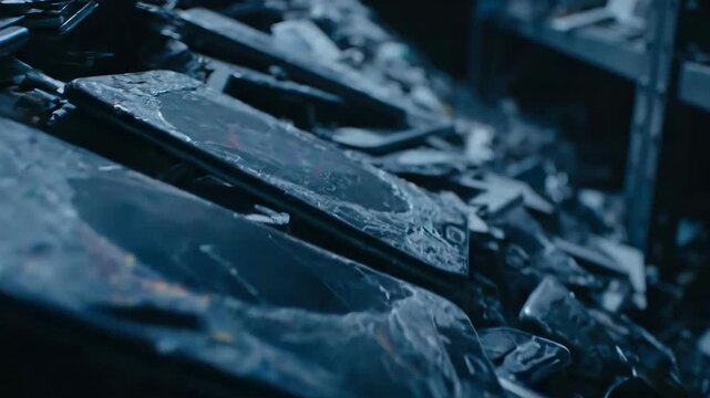 Pile of discarded and broken smartphones, electronic waste, and technological debris, symbolizing obsolescence and environmental impact.