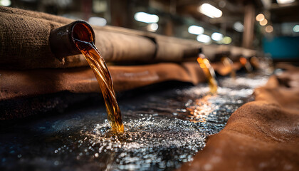 Medium shot of biodegradable tanning fluids being poured over raw leather in a sustainable tanning facility highlighting chemicalfree processing for ecoconscious leather goods.