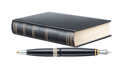 Black leather book fountain pen classic elegant writing education literature study knowledge stationary black leather book with gold accents and matching fountain pen symbolizing classic elegance