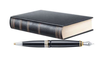 Black leather book fountain pen classic elegant writing education literature study knowledge stationary black leather book with gold accents and matching fountain pen symbolizing classic elegance