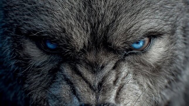 Close up of a menacing werewolf face with bright blue eyes and bared teeth showing