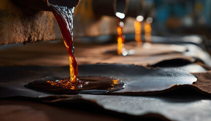 Medium shot of biodegradable tanning fluids being poured over raw leather in a sustainable tanning facility highlighting chemicalfree processing for ecoconscious leather goods.
