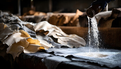 Medium shot of biodegradable tanning fluids being poured over raw leather in a sustainable tanning facility highlighting chemicalfree processing for ecoconscious leather goods.
