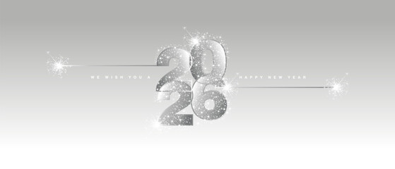 Happy New Year 2026 eve loading line design art numbers logo with sparkle fireworks stardust silver white grey light vector wallpaper greeting card