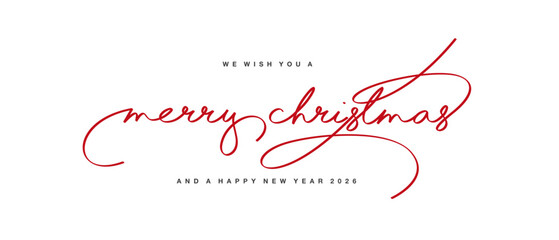 Merry Christmas red light handwritten lettering calligraphy isolated on white background. Merry Christmas text script calligraphy greeting card