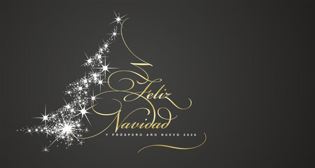 Naklejka premium Merry Christmas and Happy New Year 2026 Spanish language golden white light script calligraphy typography with glitter sparkle stardust in shape of Christmas tree black background greeting card