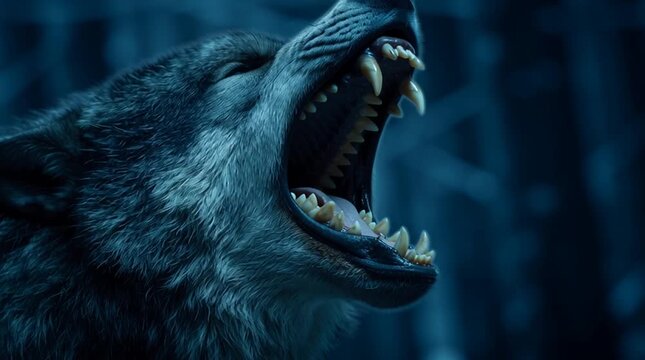 Close up of a snarling wolf with sharp teeth and piercing blue eyes in the dark forest