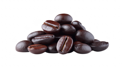 Dark roasted coffee bean, aromatic, glossy, and rich in color, piled together on transparency background, symbolizing energy and morning freshness, perfect for cafe or kitchen themes