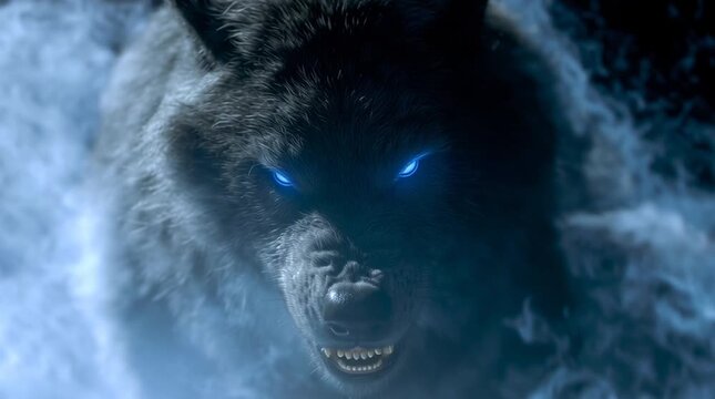A menacing wolf with glowing blue eyes snarling amidst swirling ethereal blue smoke