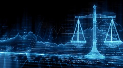 Digital scales of justice illuminated against a backdrop of financial data streams - Powered by Adobe