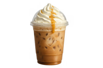 Iced coffee drink with whipped cream and caramel sauce in a clear plastic cup, refreshing cold beverage takeaway