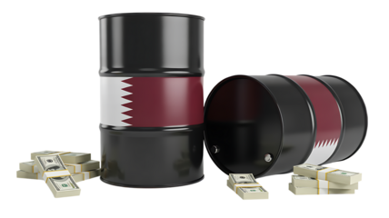 black Oil barrels with flag of qatar and usd dollar isolated on transprent background
