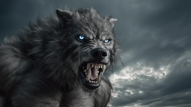 A muscular werewolf with glowing blue eyes stands against a stormy cloudy background
