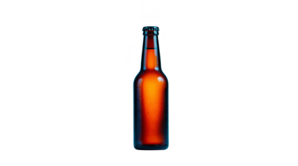 Brown glass beer bottle with condensation, isolated on transparent background, cold drink, refreshing, suitable for advertising, party, or bar concept
