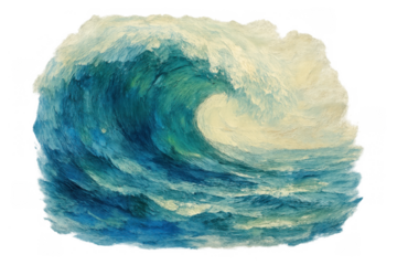 Crashing ocean wave creating white foam, breaking and spraying water with powerful movement, painted in impressionist style