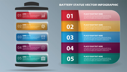 Battery Status Vector Infographic: Modern Power Cell Design Template for Energy Level, Goal Achievement, Capacity, and Data Charging Presentation with 5 Steps.