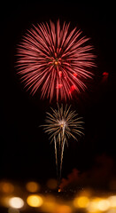 Fototapeta premium Two fireworks in a dark sky, one red and one yellow, representing celebration, joy, and festive mood, suitable for event or holiday concepts