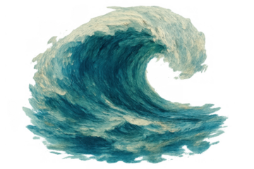 Powerful japanese ukiyo-e style ocean wave breaking with rough sea foam, representing strength and nature's force on transparent background