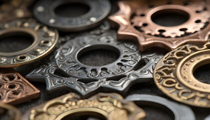 Detailed medium angle view of matte electroplated jewelry parts displaying subtle elegant metal finishes with artistic patterns