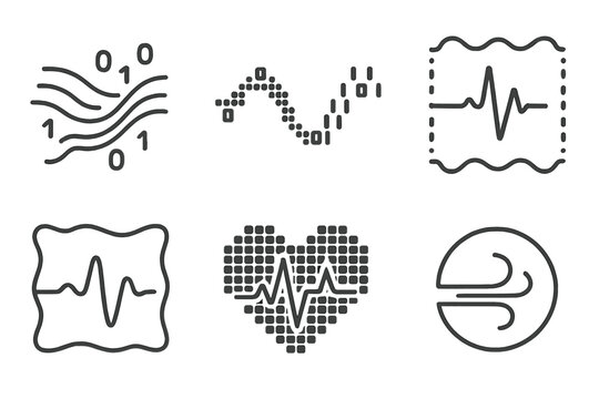 Breathing Data Icons. Line style icons of Breathing Data: flowing bit stream, oscillating pixel pattern, glowing heartbeat wave,